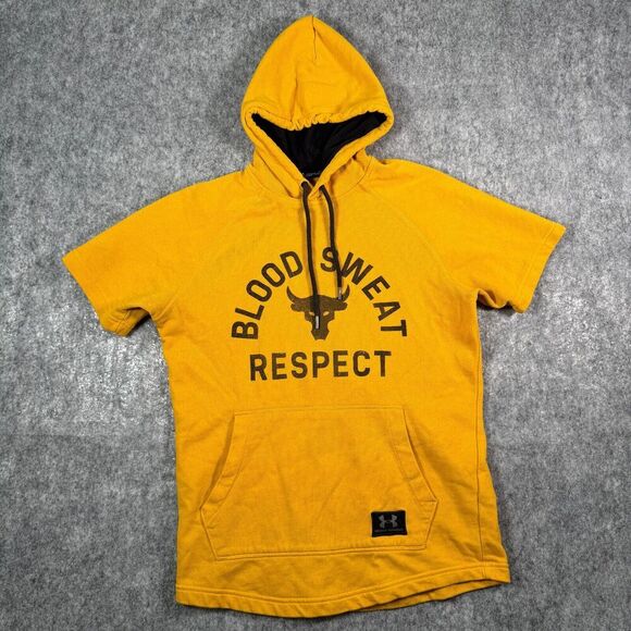 Under Armour Project Rock Hoodie Mens M Yellow Short Sleeve Blood Sweat Respect - Picture 2 of 10